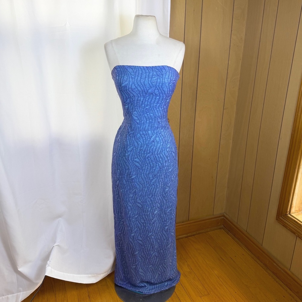 Vtg Y2K Jessica McClintock For Gunne Sax Blue Shimmer Strapless Gown Sz XS/S